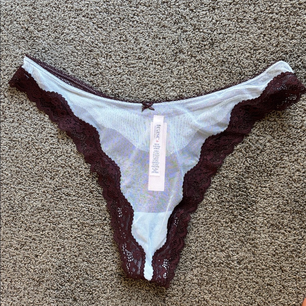 NWT New Victoria’s Secret light blue and Brown mesh Lace Trim Thong sz XL